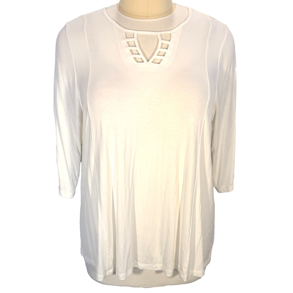 Catherine's White Tunic Blouse Woman's 1X Keyhole Cage Neck 3/4 Sleeve New NWT